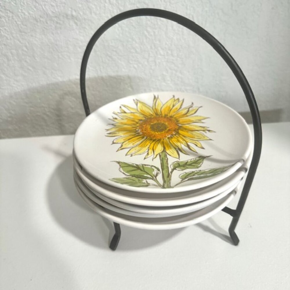 Signature Hoursewares Stoneware Plate Set of 6 W/ Metal Caddy Sunflower Design - Picture 2 of 14